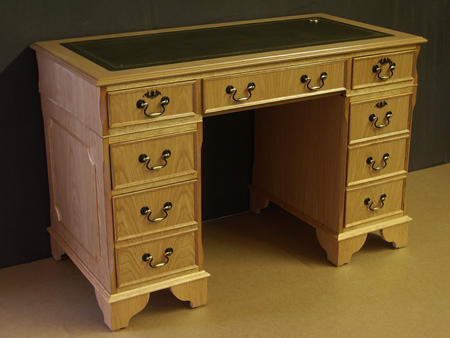 Traditional Pedestal Desk in a Natural Oak with Olive Leather Top